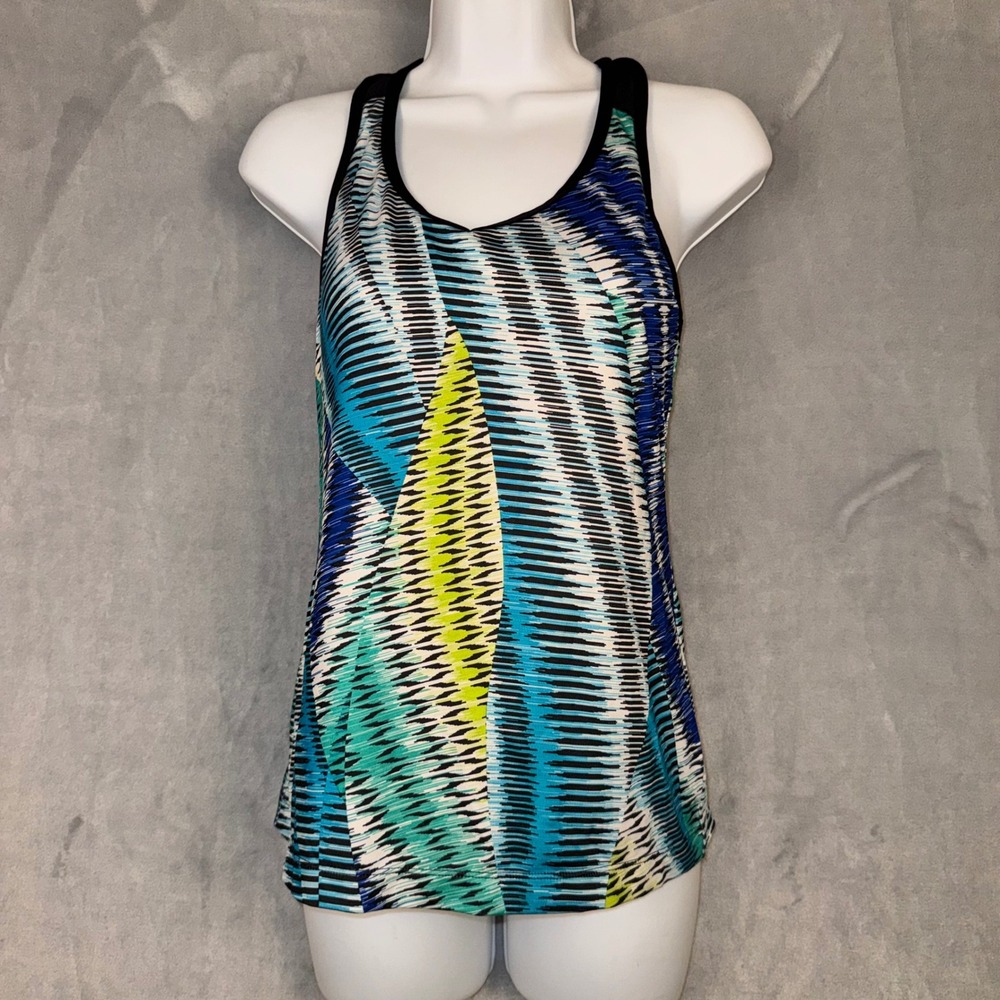 Xersion Tank Top Womens Small Blue Green Abstract Built-in Bra Racerback Workout